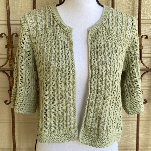Dressbarn Open Front Crocheted Sage Cardigan Size Medium - Picture 2 of 12